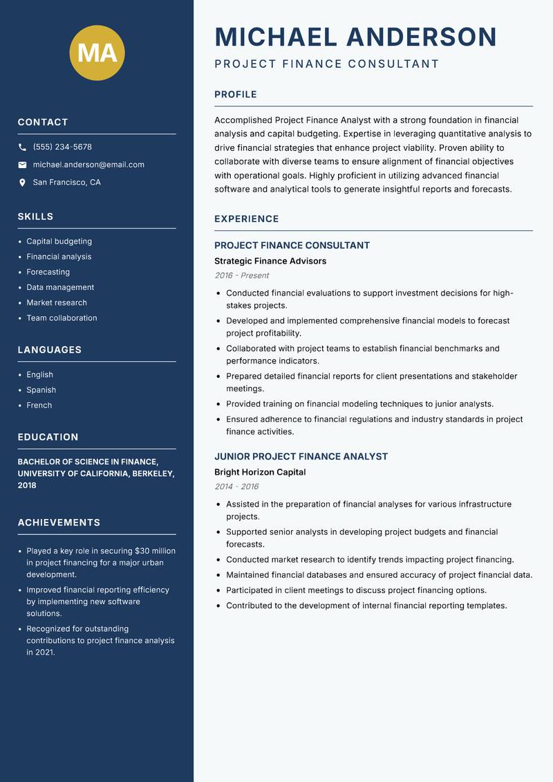 Project Finance Analyst Resume Preview Example