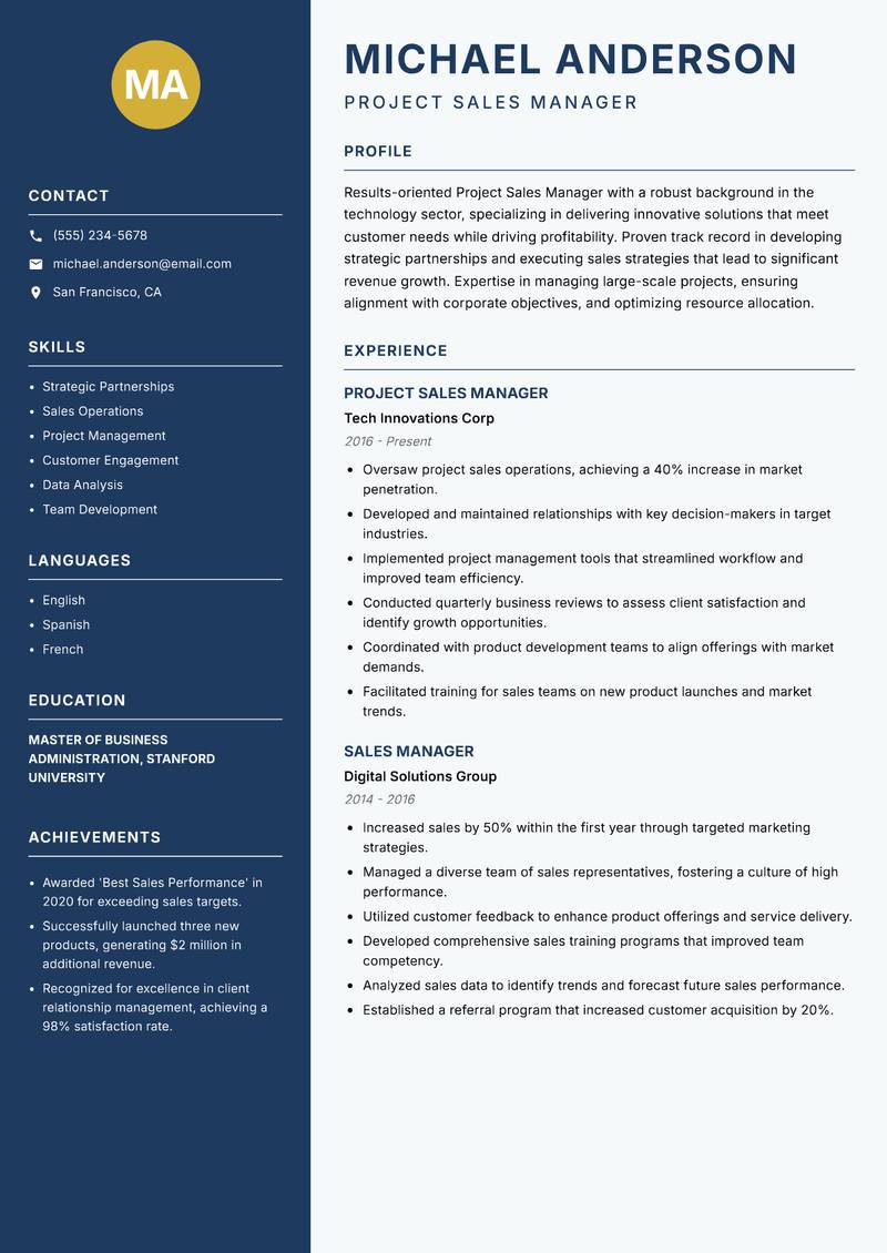 Project Sales Manager Resume Preview Example