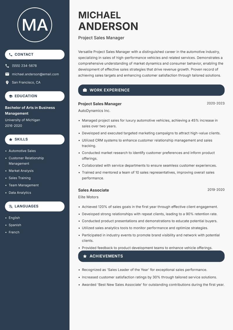 Project Sales Manager Resume Preview Example