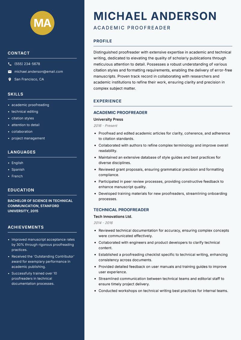 Proofreader Resume Preview Example