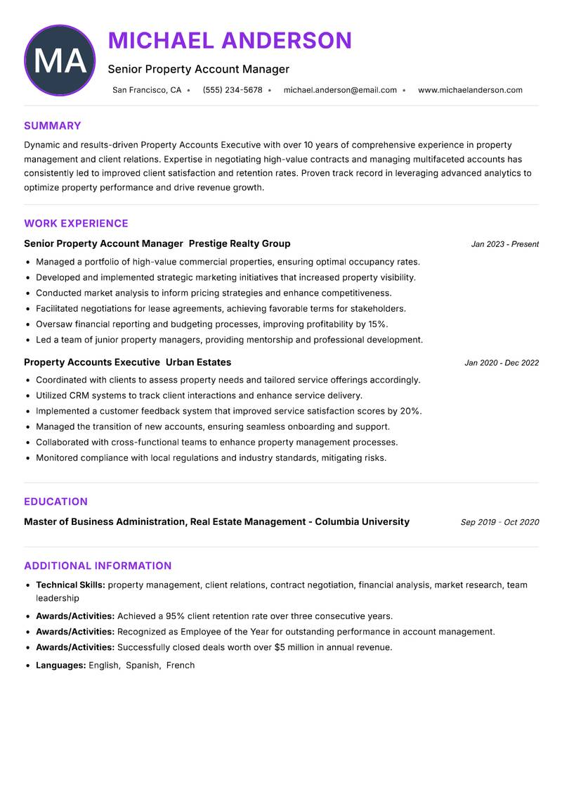 Property Accounts Executive Resume Preview Example