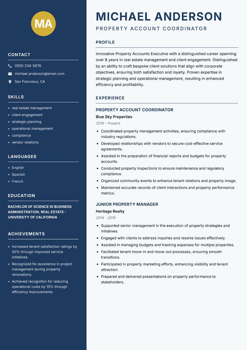 Property Accounts Executive Resume Preview Example
