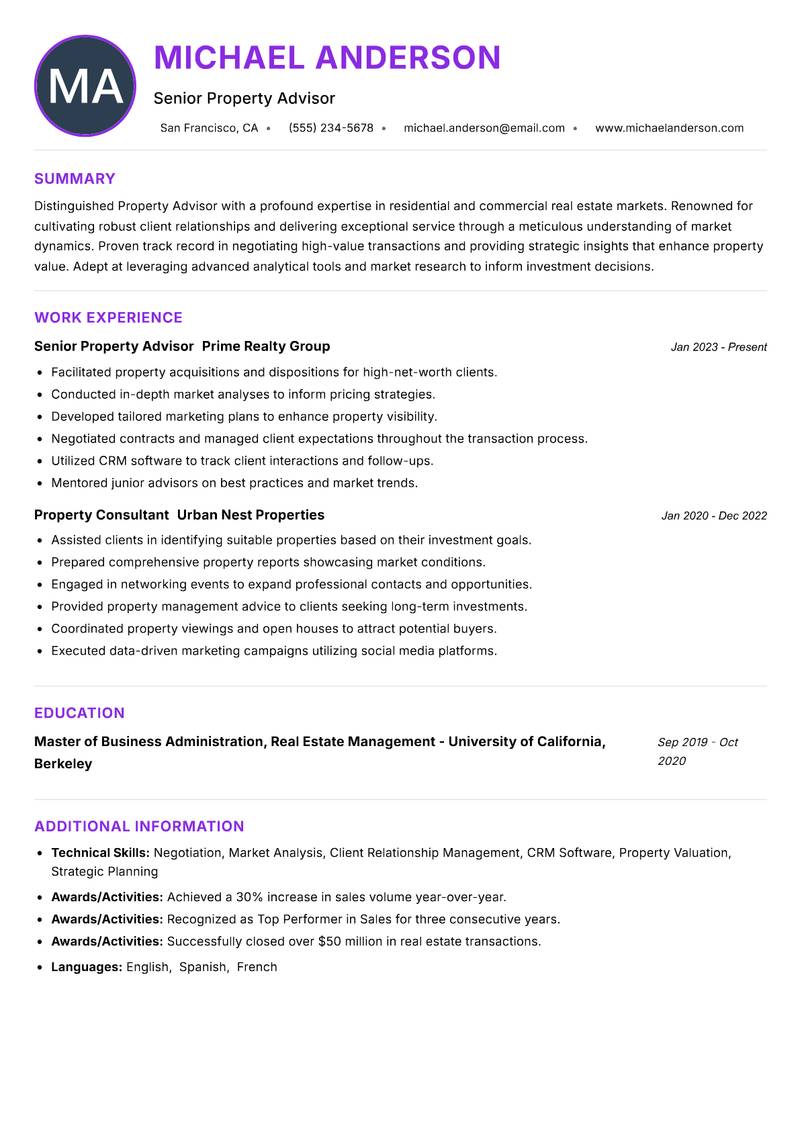 Property Advisor Resume Preview Example