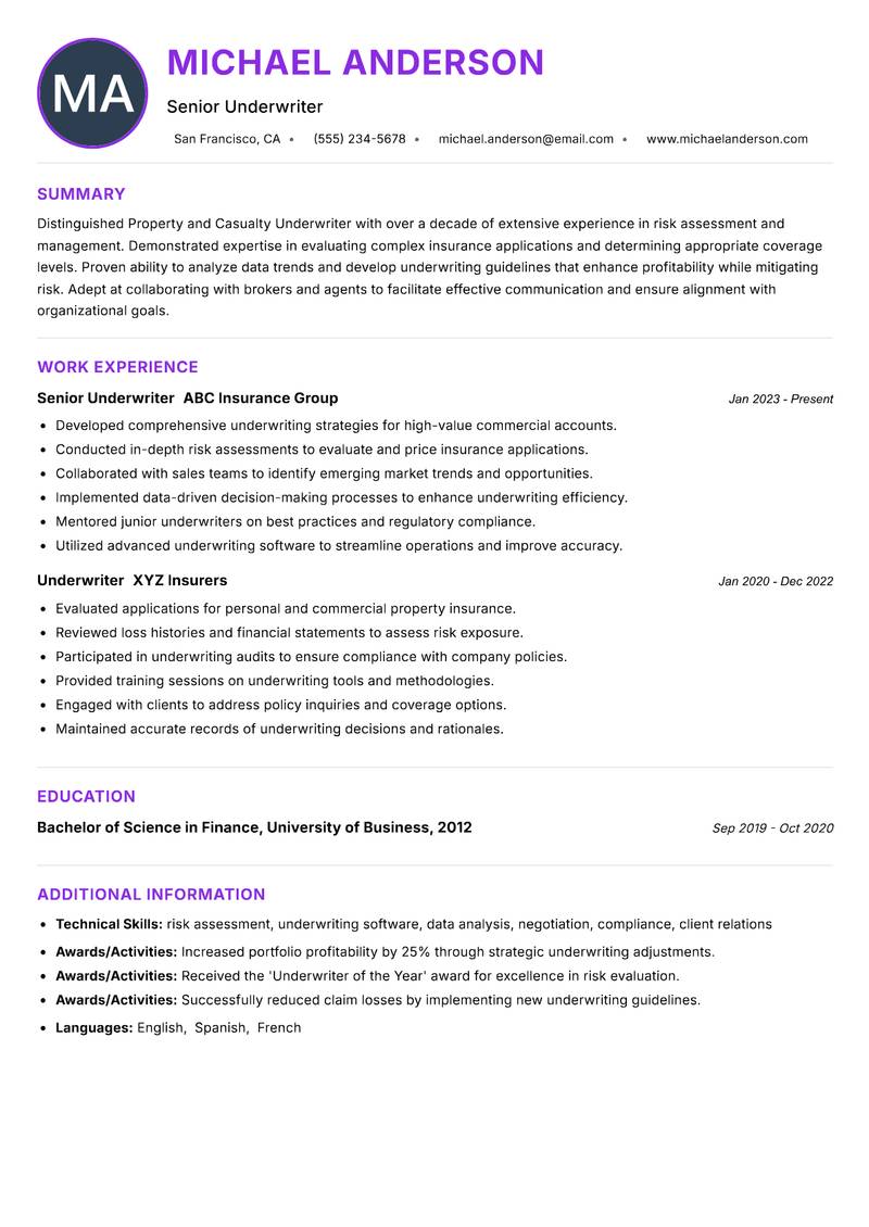 Property and Casualty Underwriter Resume Preview Example