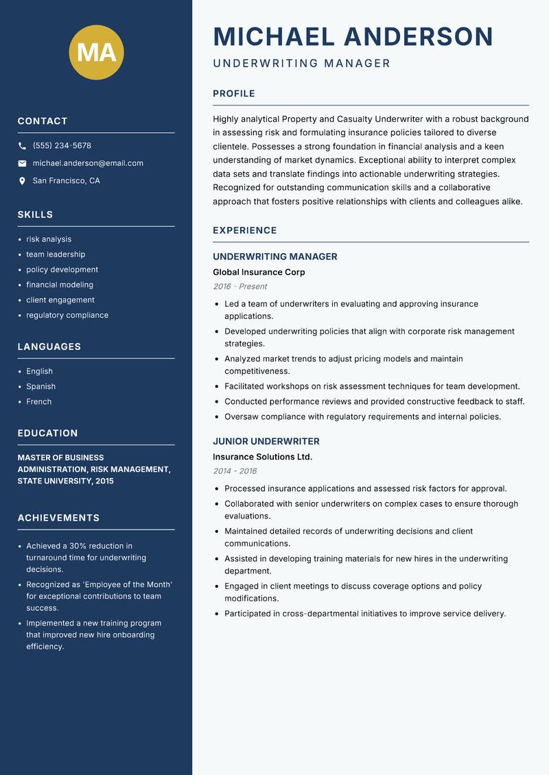 Property and Casualty Underwriter Resume Preview Example