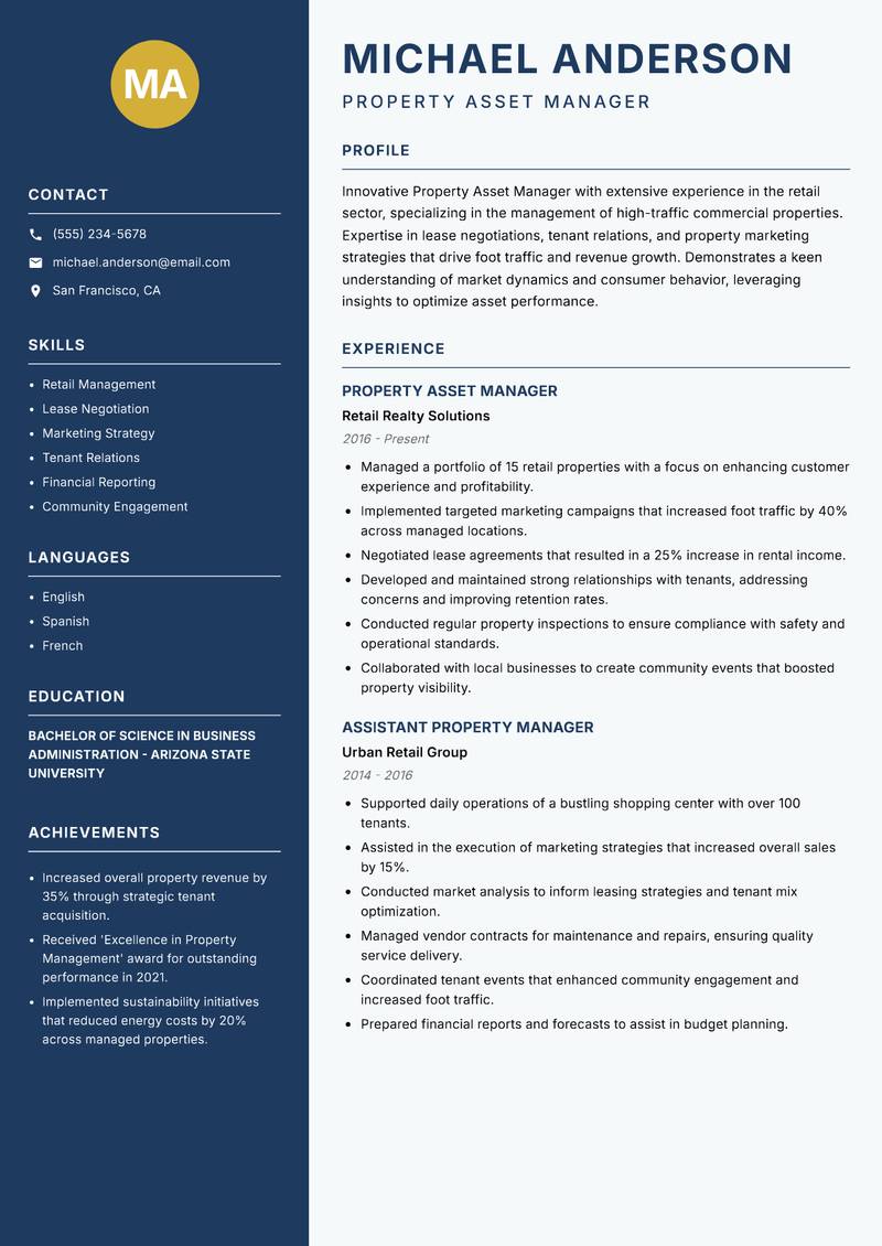 Property Asset Manager Resume Preview Example