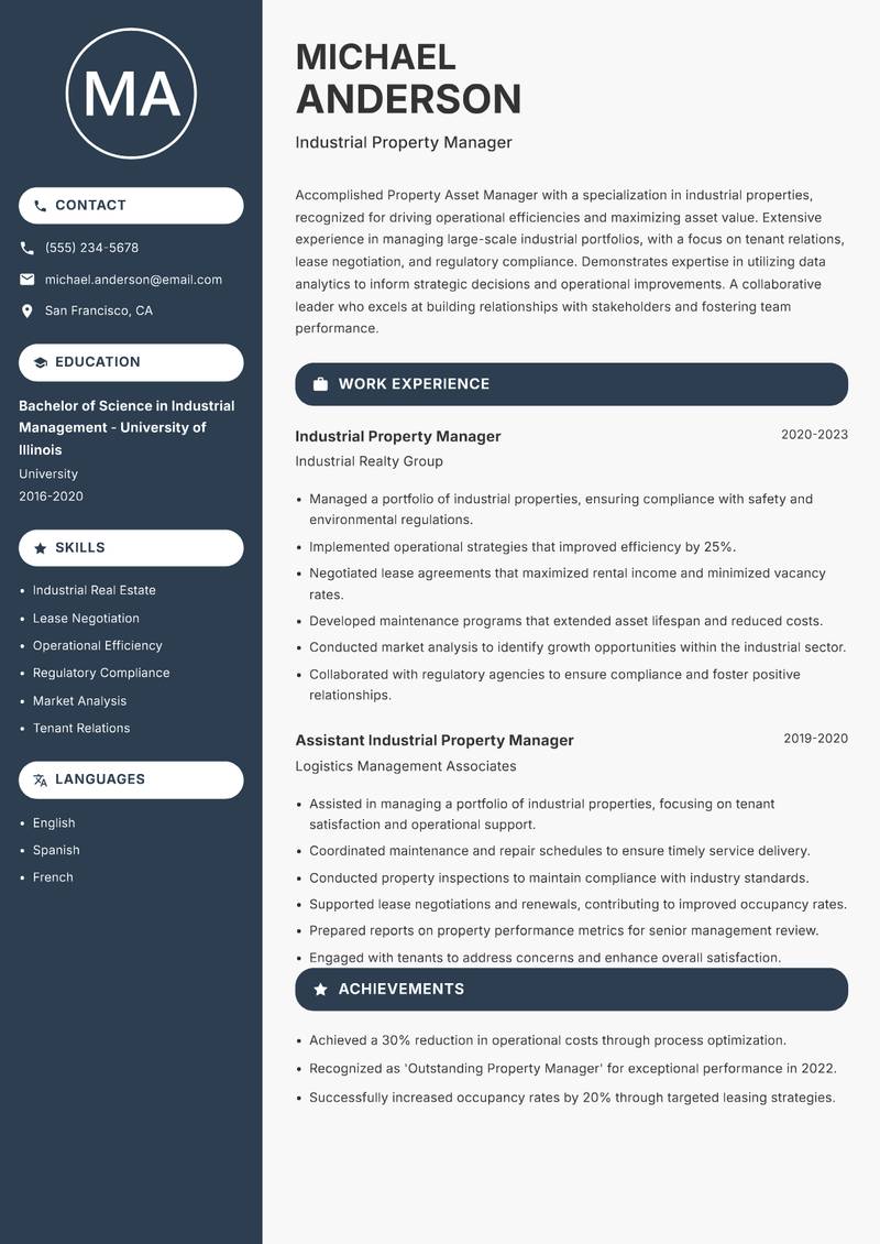 Property Asset Manager Resume Preview Example
