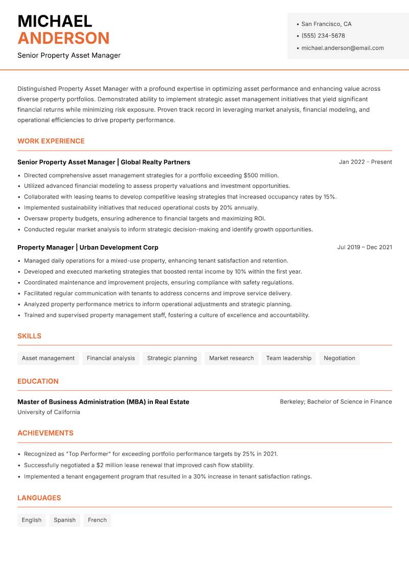 Property Asset Manager Resume Template