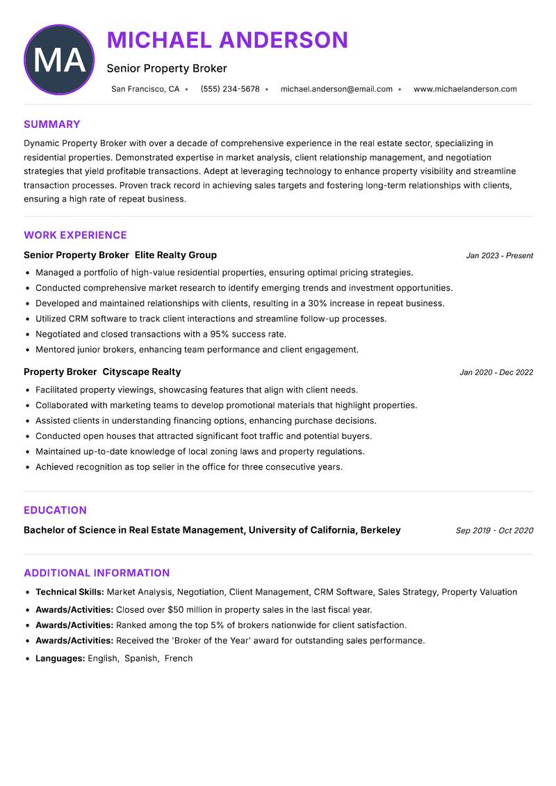 Property Broker Resume Preview Example