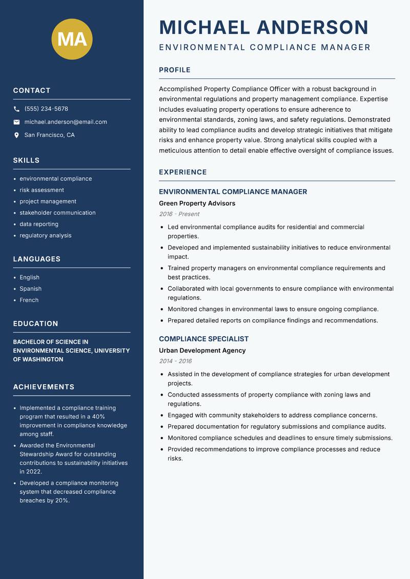 Property Compliance Officer Resume Preview Example