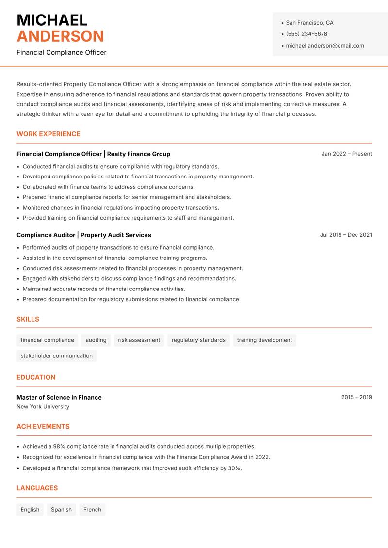Property Compliance Officer Resume Template