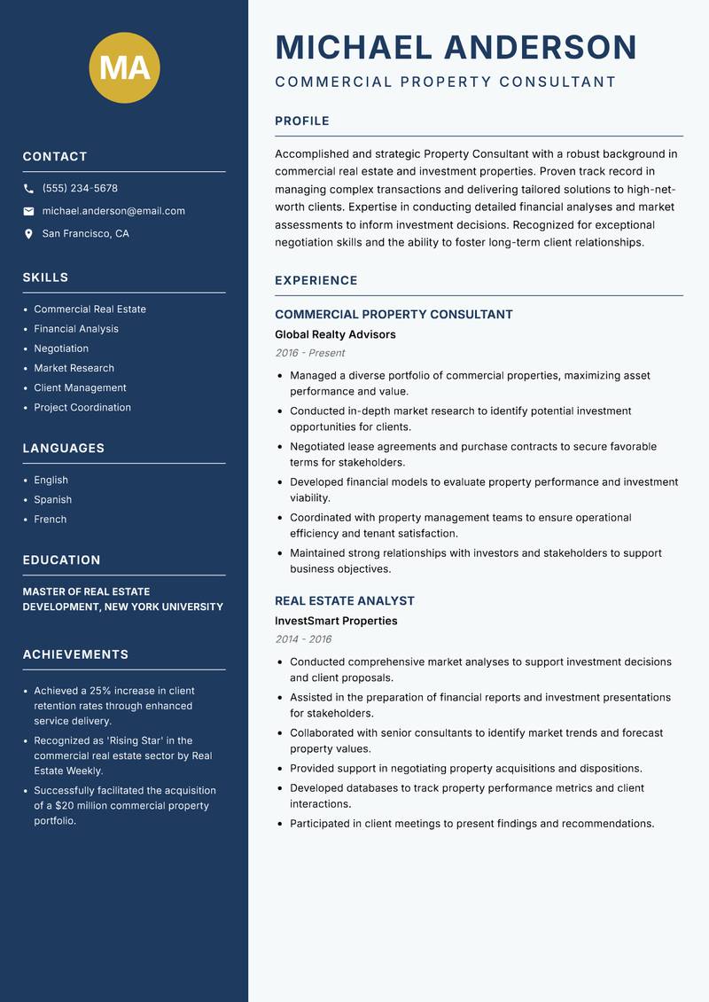 Property Consultant Resume Preview Example