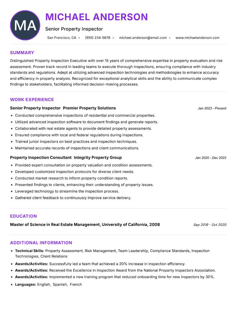 Property Inspection Executive Resume Preview Example