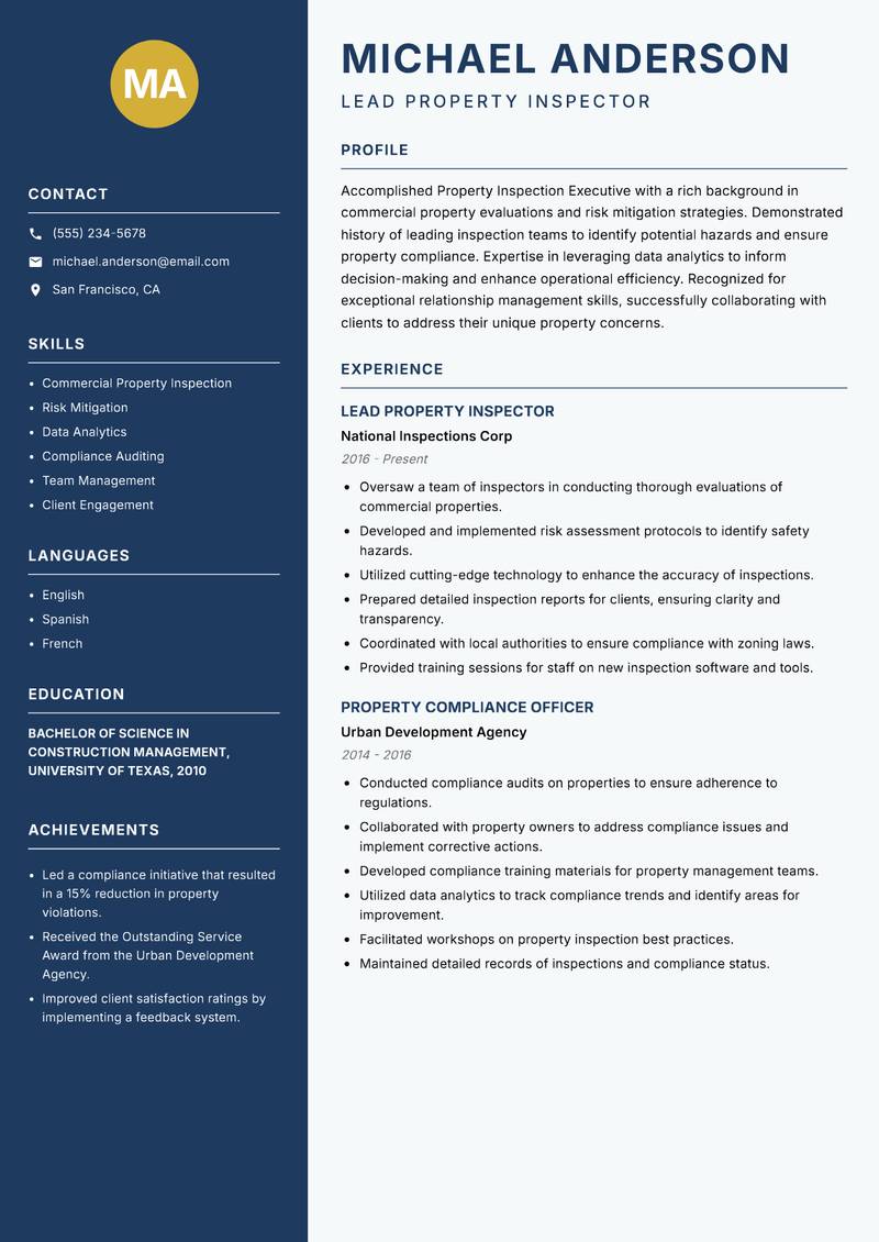 Property Inspection Executive Resume Preview Example