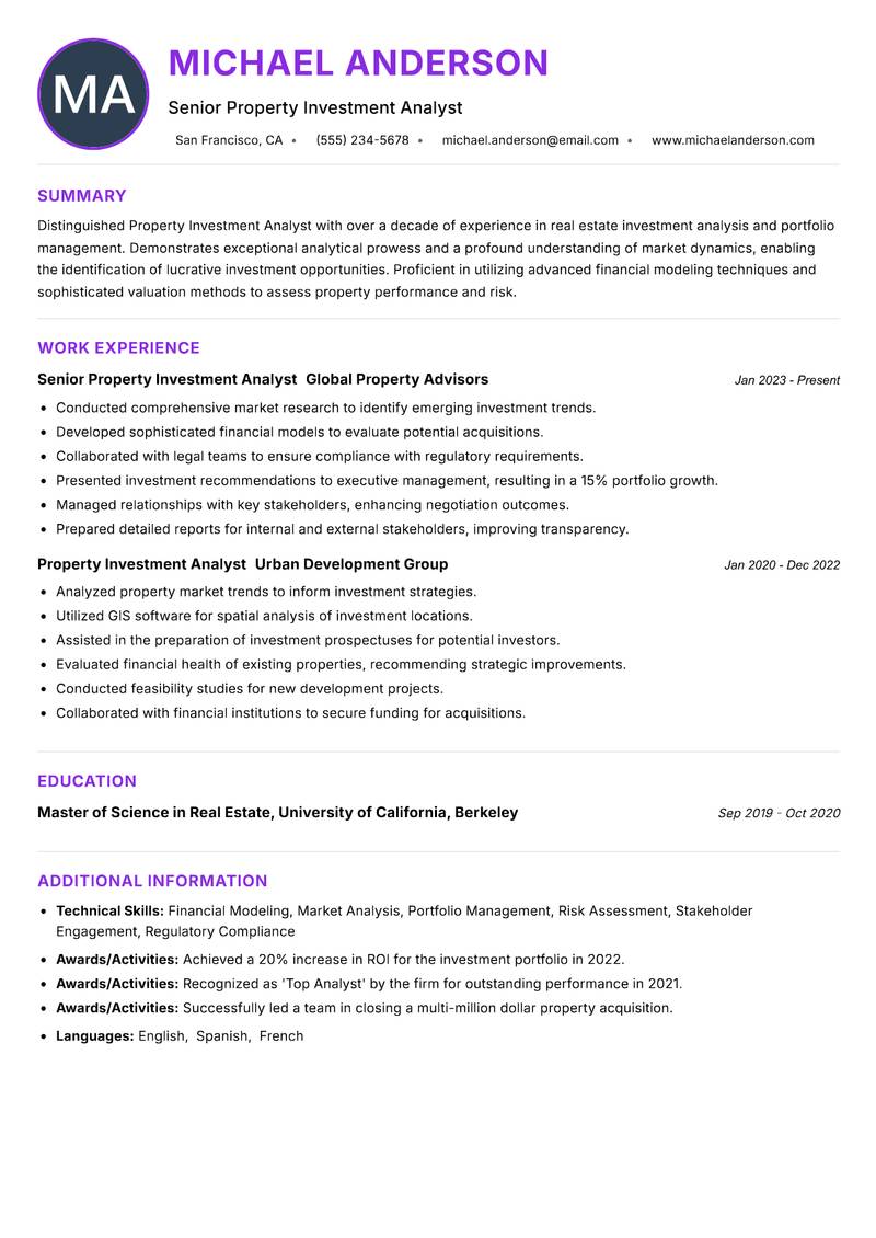 Property Investment Analyst Resume Preview Example