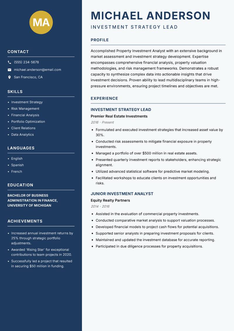 Property Investment Analyst Resume Preview Example