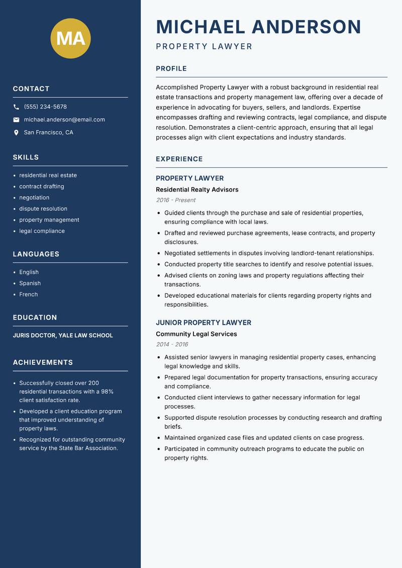 Property Lawyer Resume Preview Example