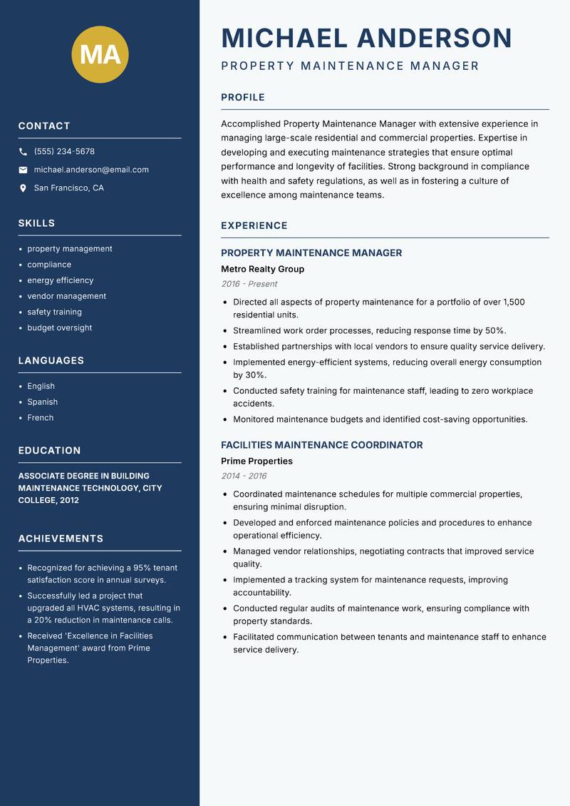 Property Maintenance Manager Resume Preview Example