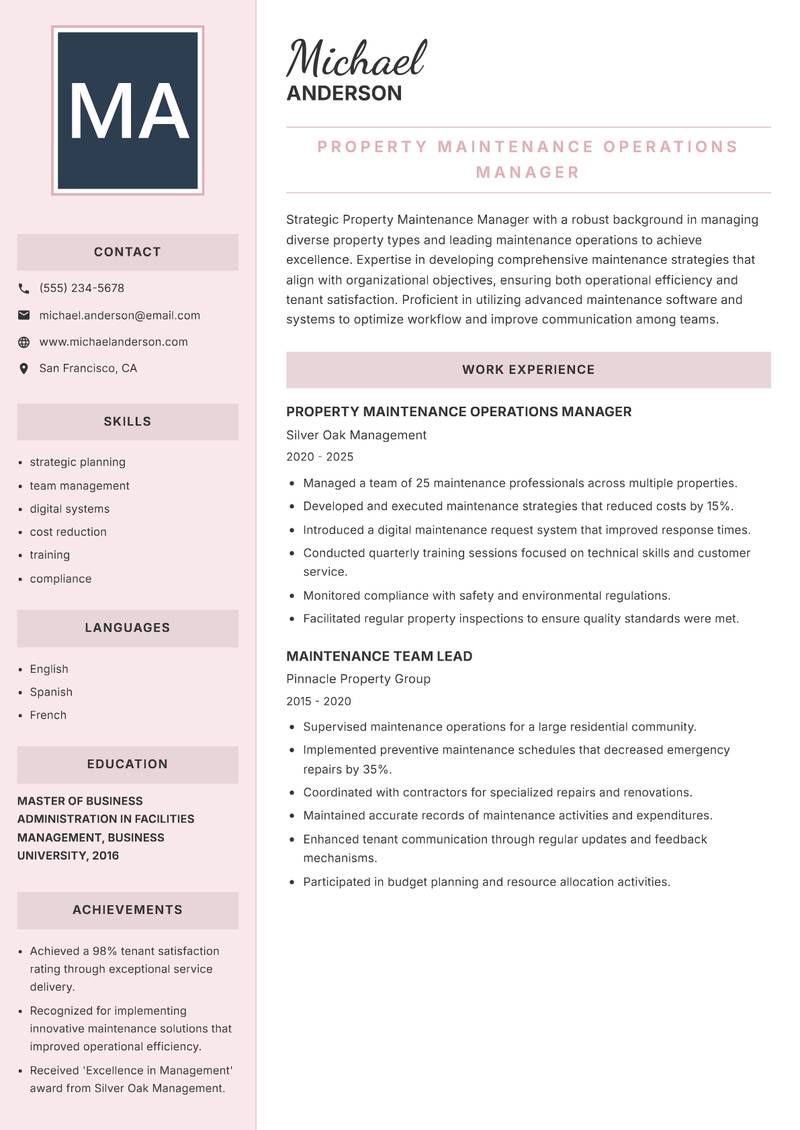 Property Maintenance Manager Resume Preview Example