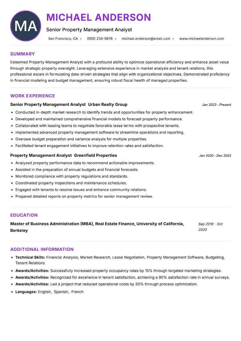Property Management Analyst Resume Preview Example