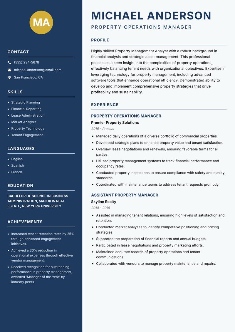 Property Management Analyst Resume Preview Example