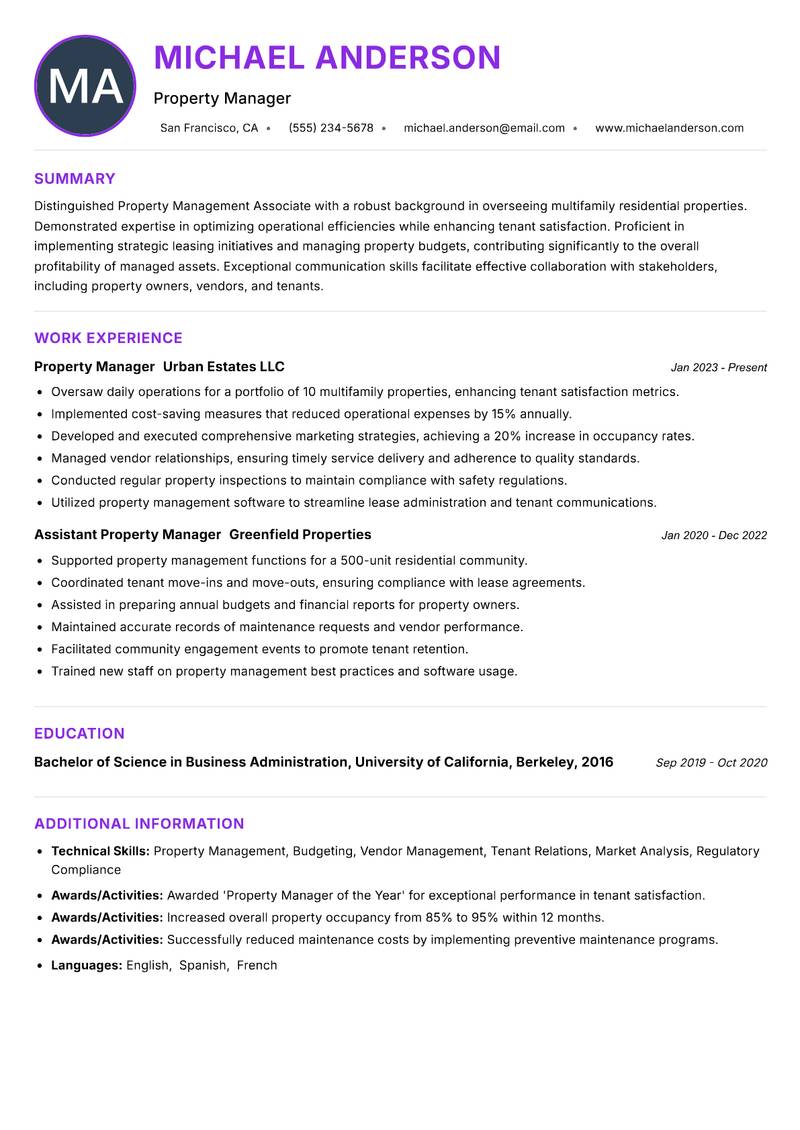 Property Management Associate Resume Preview Example