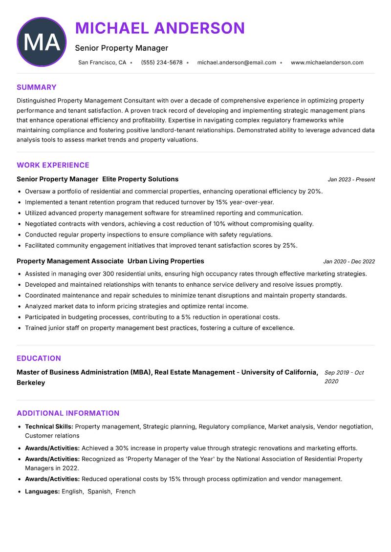 Property Management Consultant Resume Preview Example