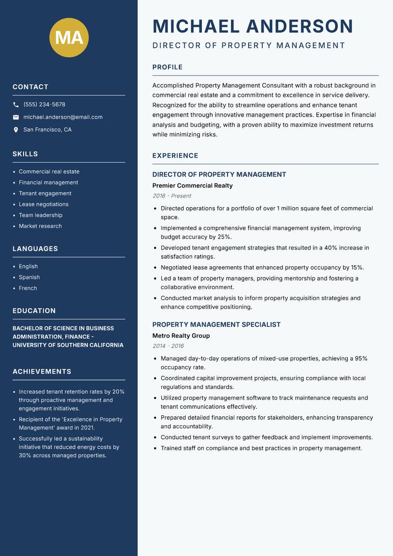 Property Management Consultant Resume Preview Example