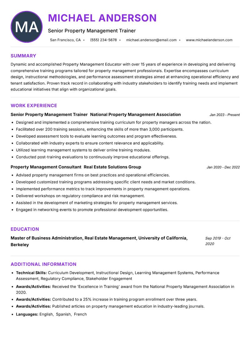 Property Management Educator Resume Preview Example