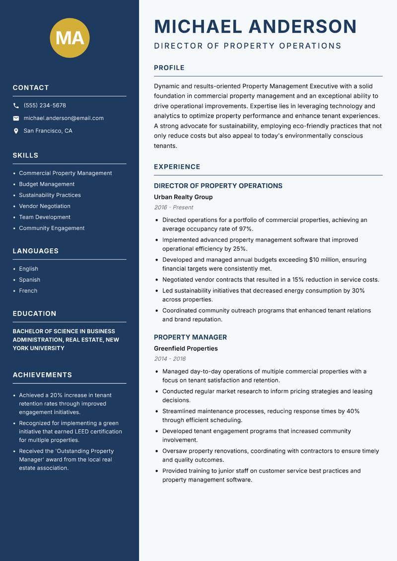 Property Management Executive Resume Preview Example