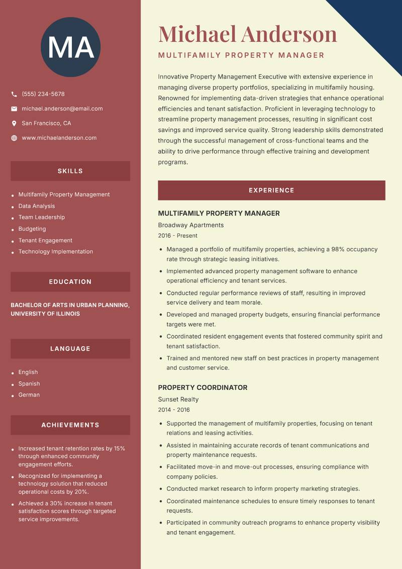 Property Management Executive Resume Preview Example