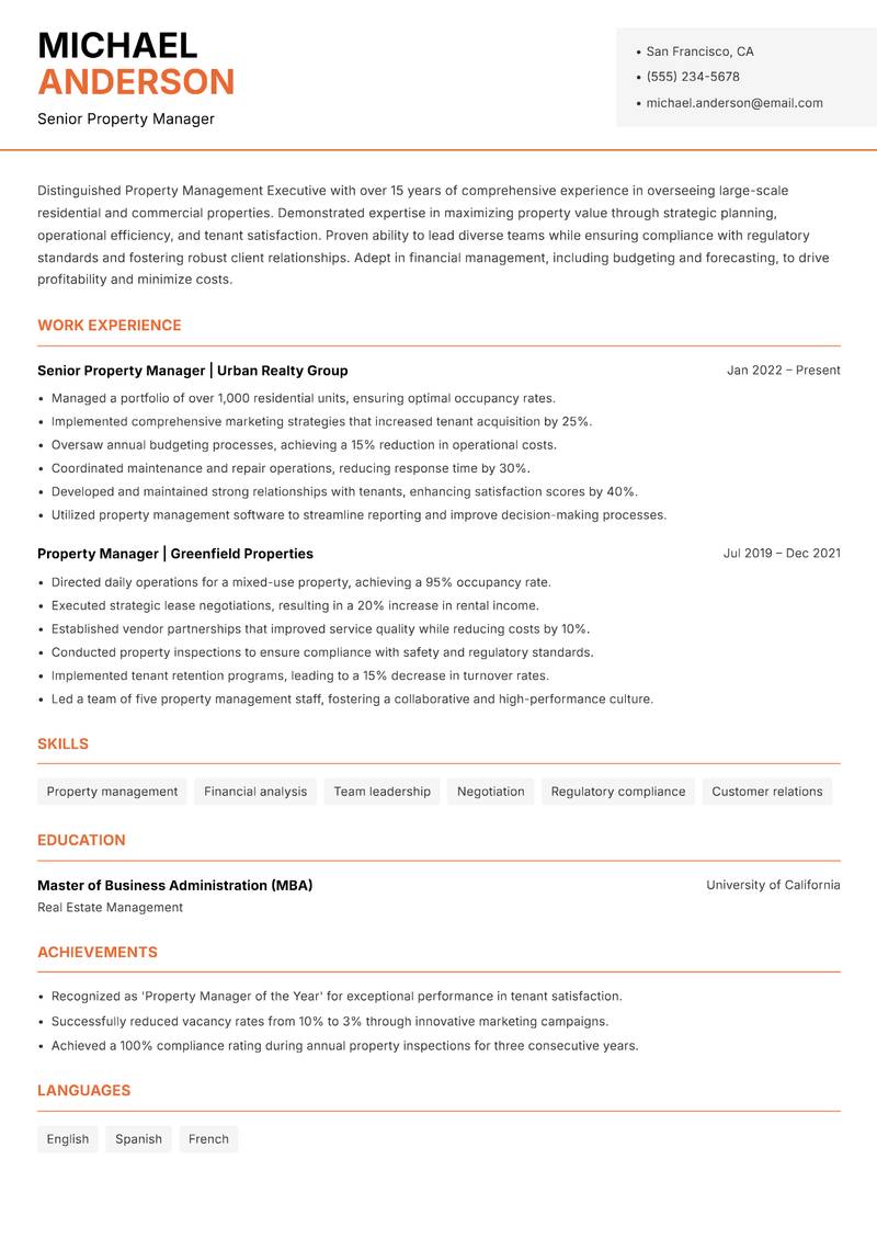 Property Management Executive Resume Template