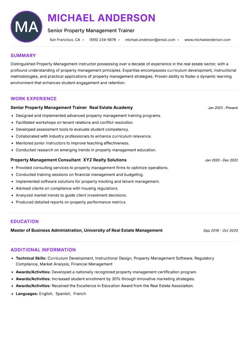 Property Management Instructor Resume Preview Example