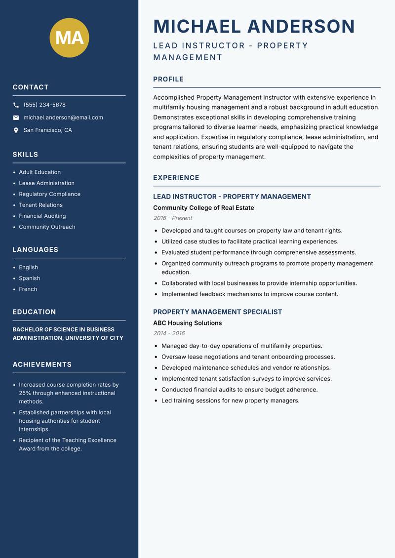 Property Management Instructor Resume Preview Example