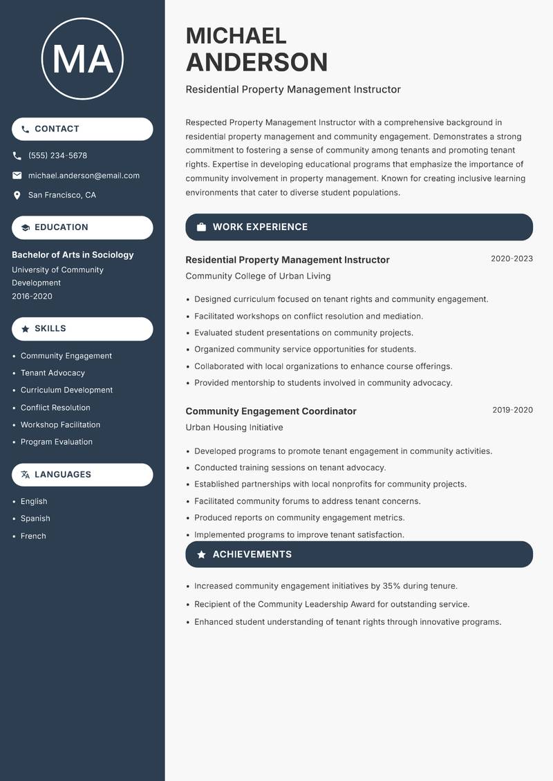 Property Management Instructor Resume Preview Example