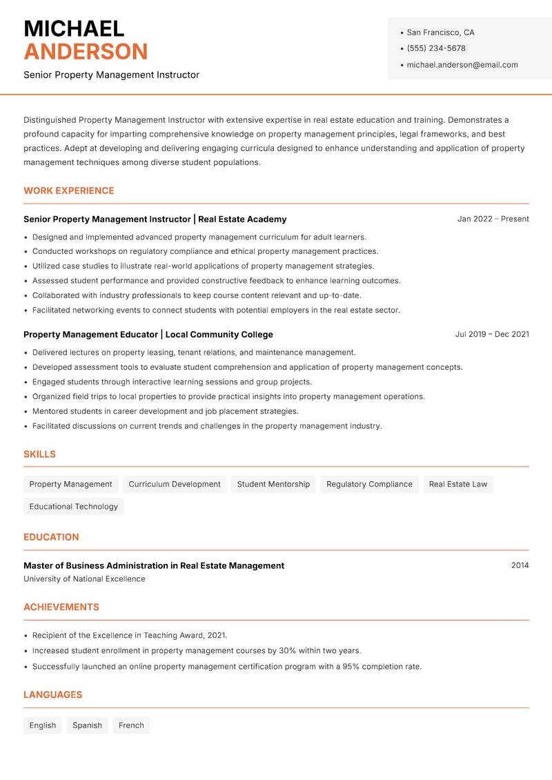 Property Management Instructor Resume Template