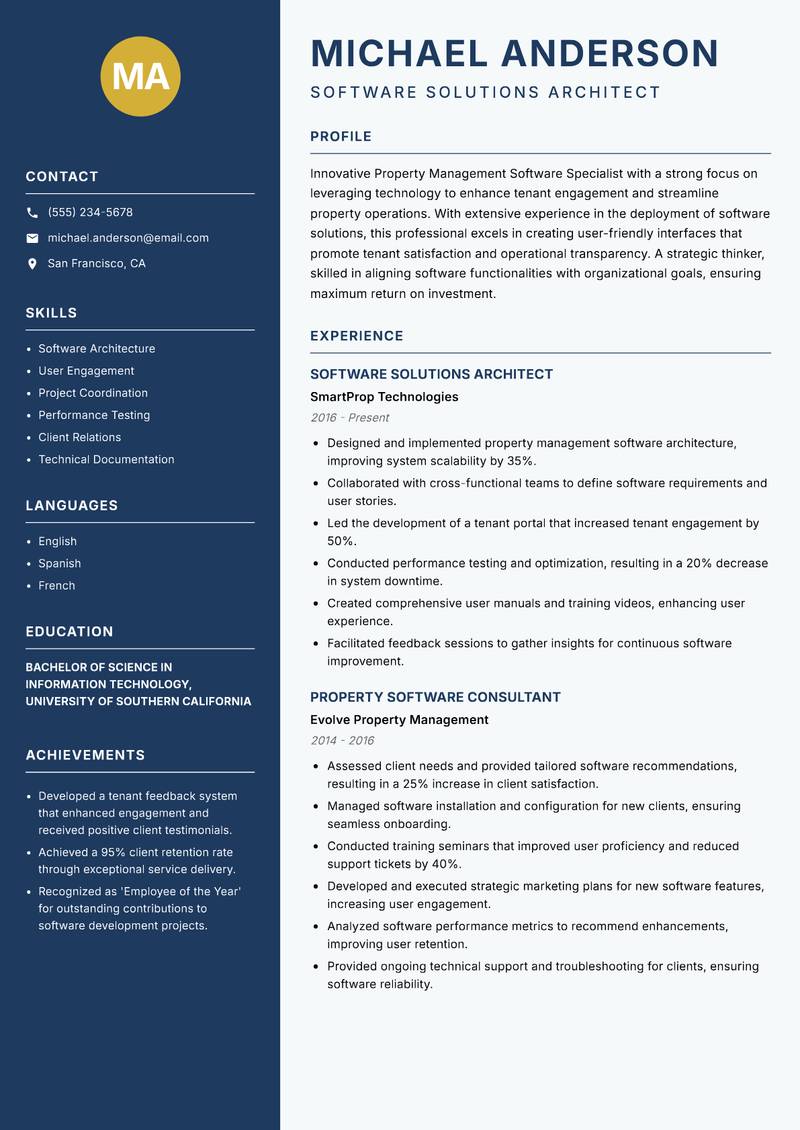 Property Management Software Specialist Resume Preview Example