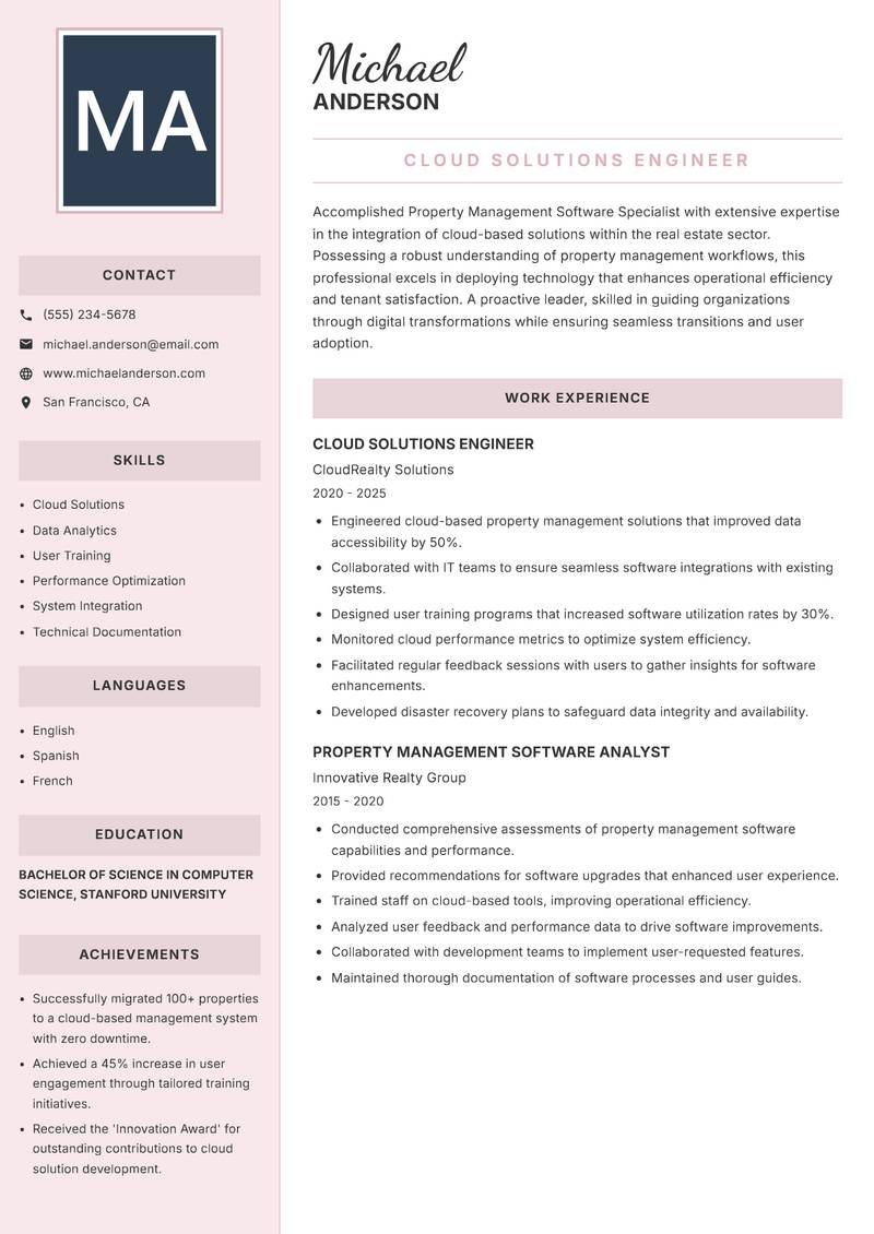 Property Management Software Specialist Resume Preview Example