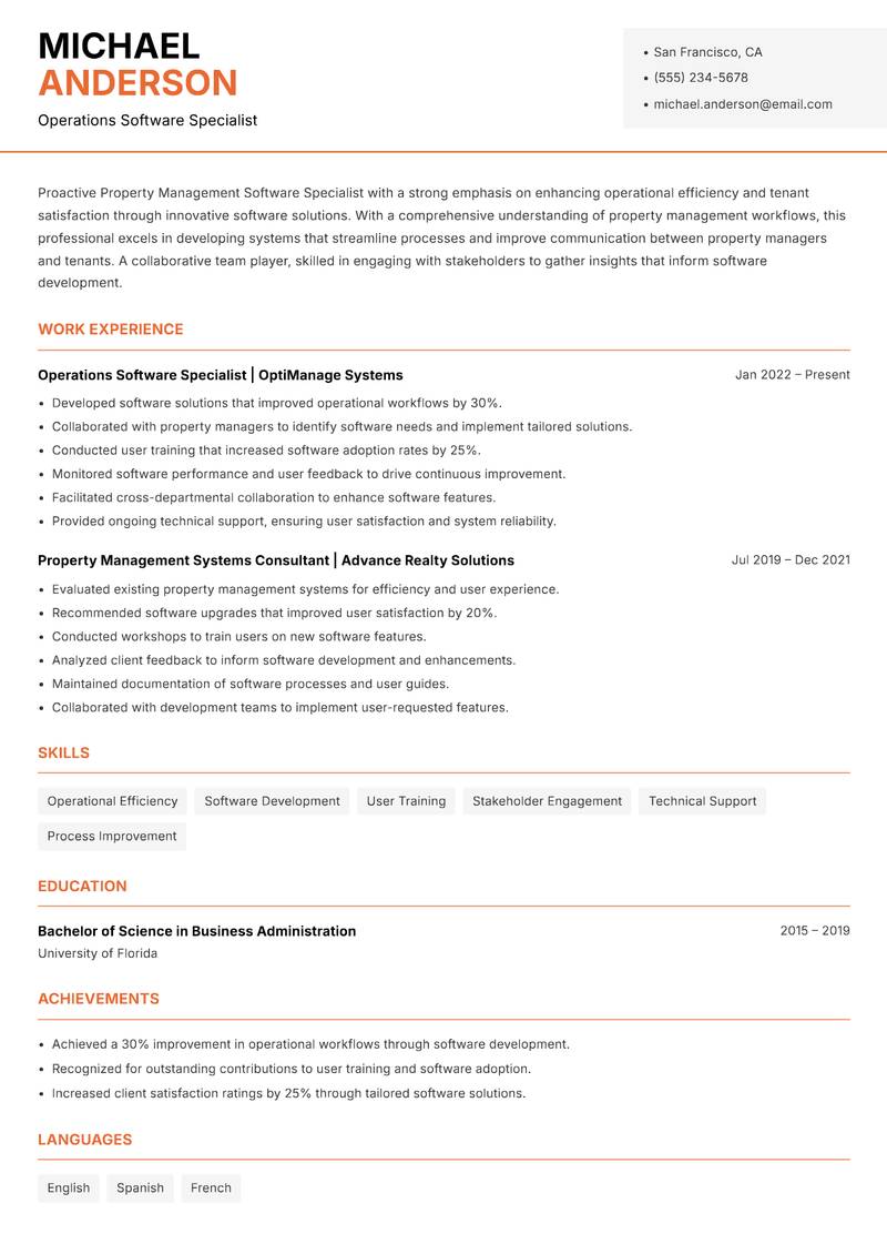 Property Management Software Specialist Resume Template