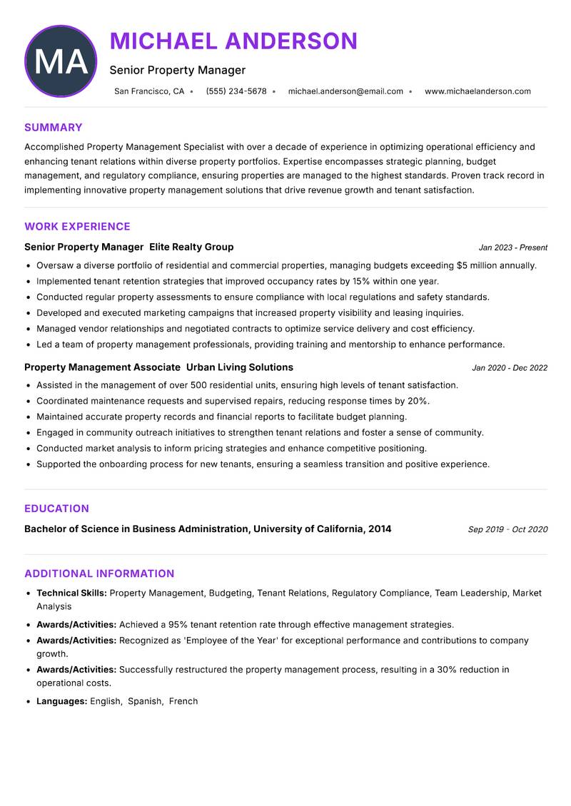 Property Management Specialist Resume Preview Example