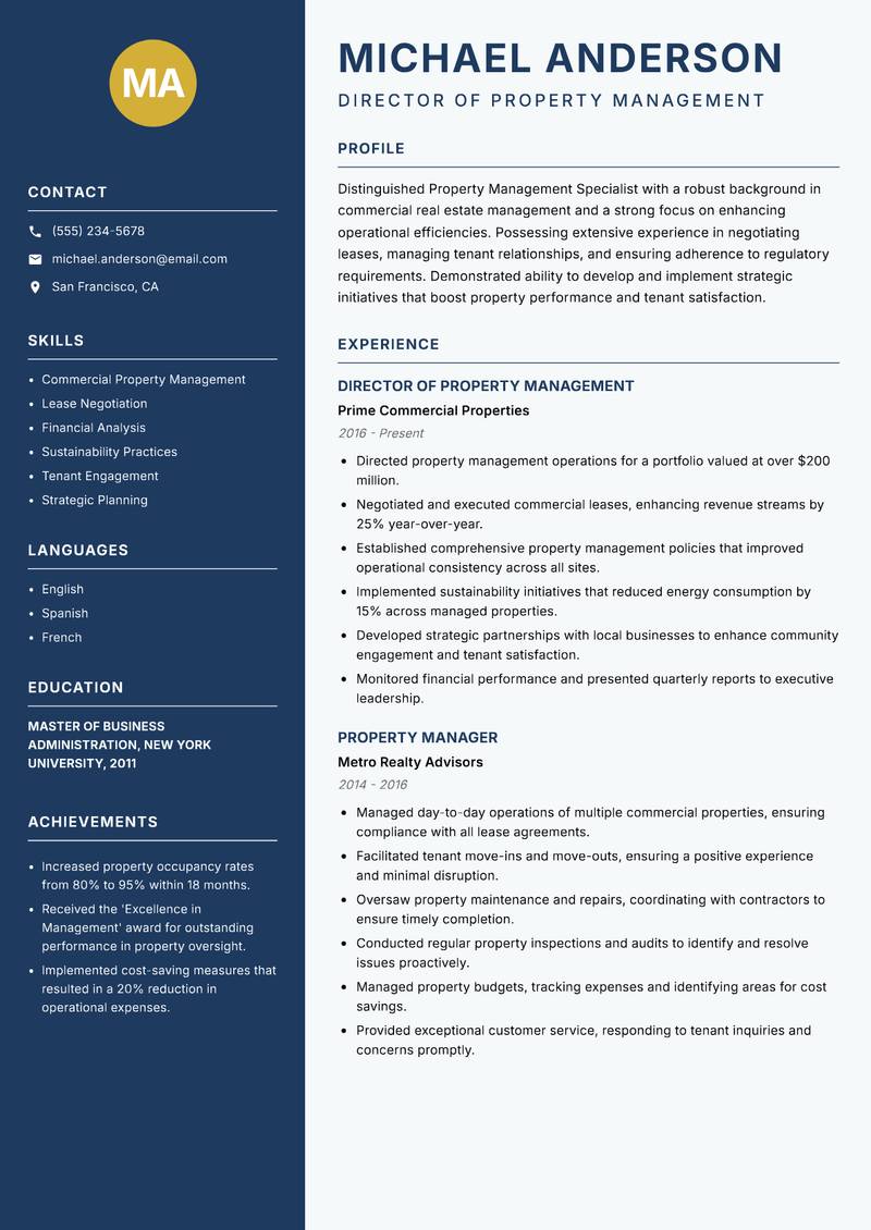 Property Management Specialist Resume Preview Example