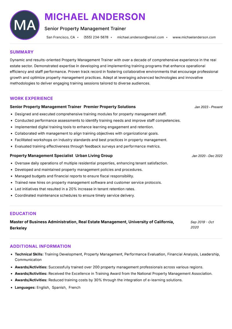 Property Management Trainer Resume Preview Example
