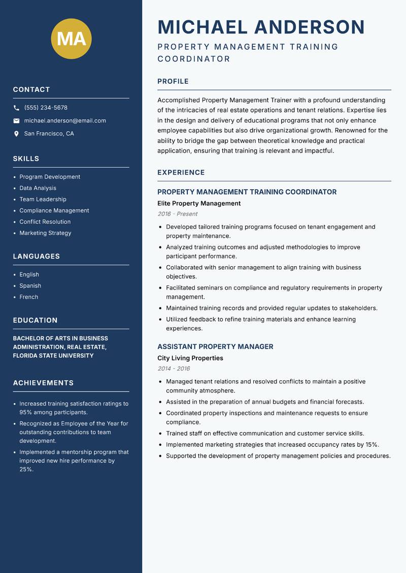 Property Management Trainer Resume Preview Example
