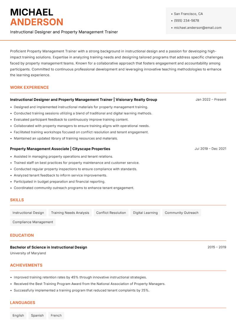 Property Management Trainer Resume Template