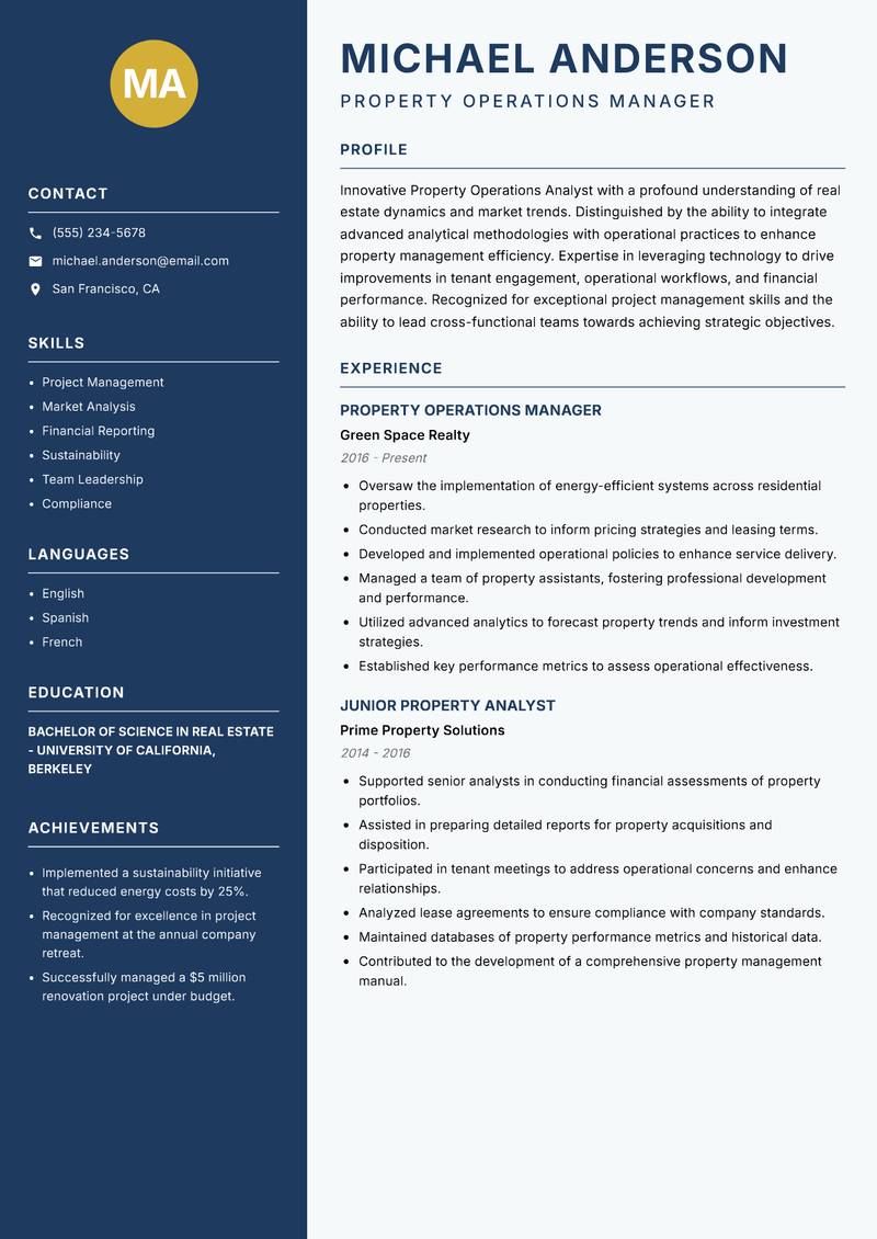 Property Operations Analyst Resume Preview Example