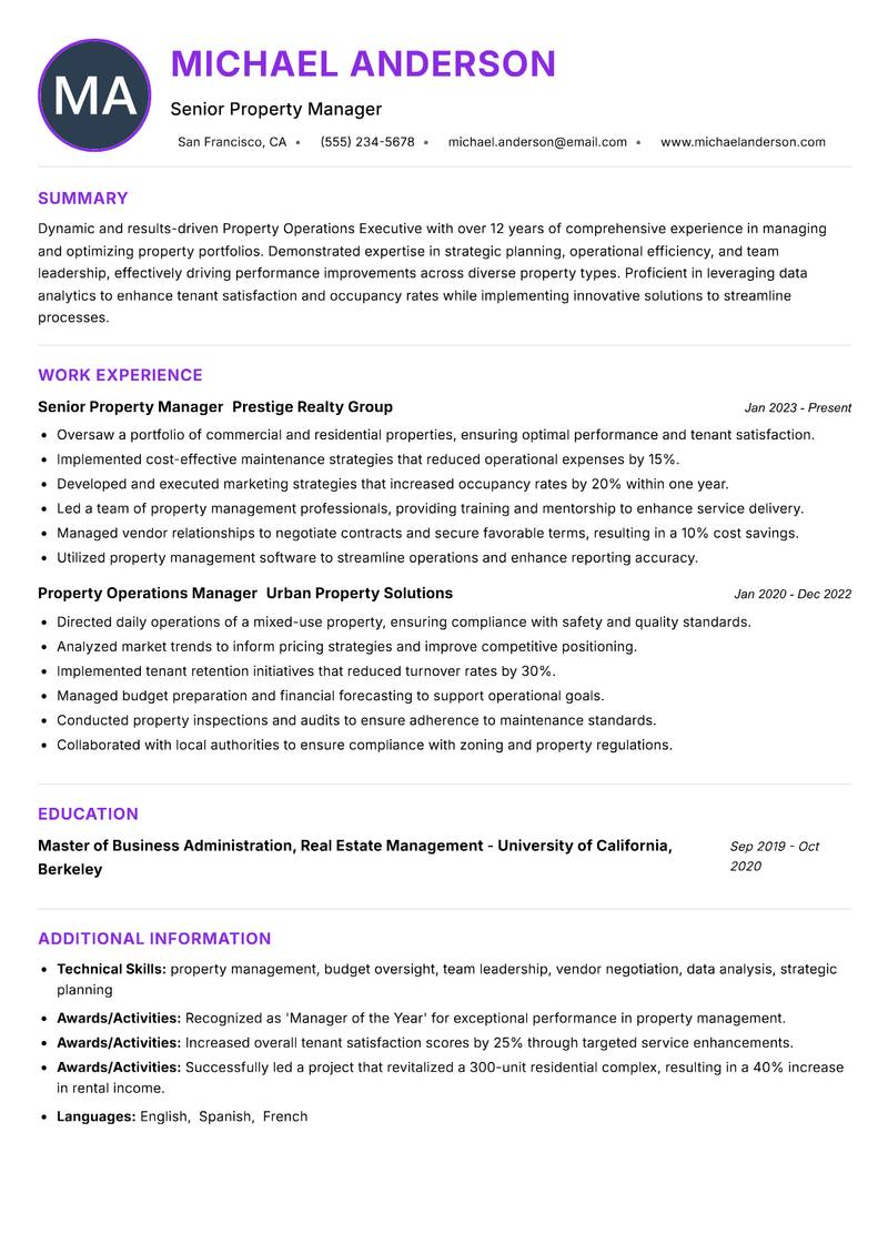 Property Operations Executive Resume Preview Example