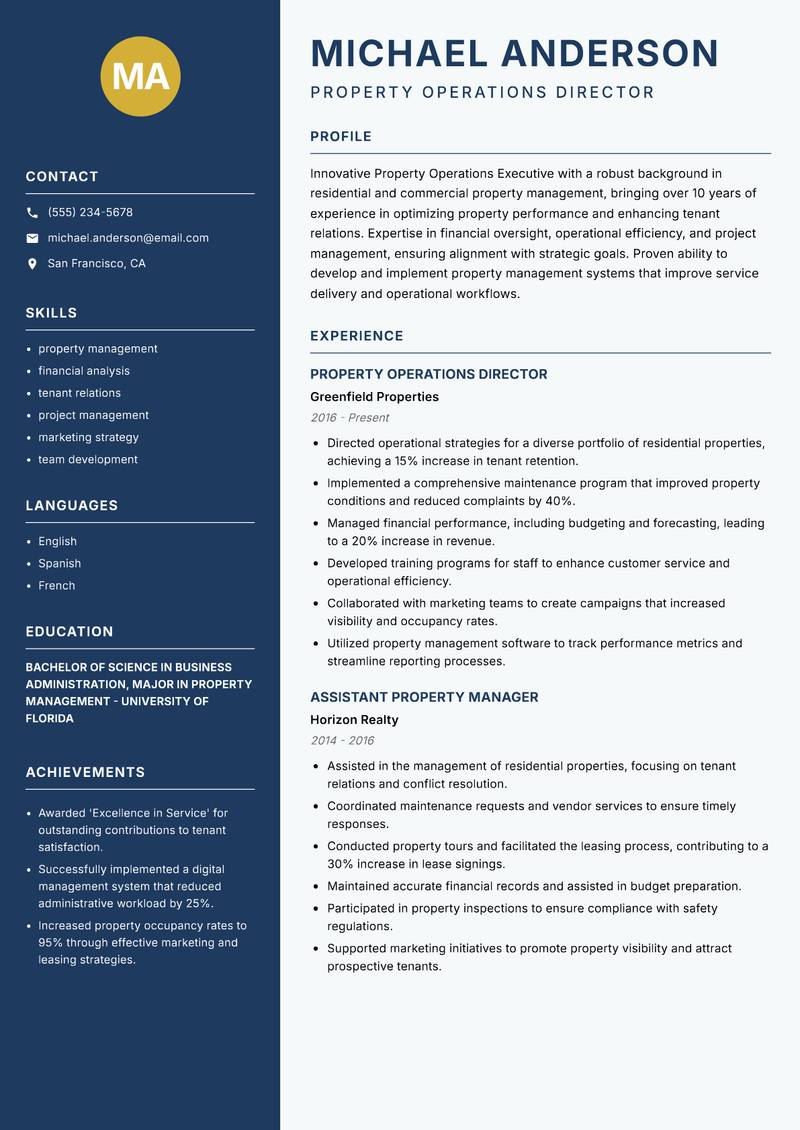 Property Operations Executive Resume Preview Example