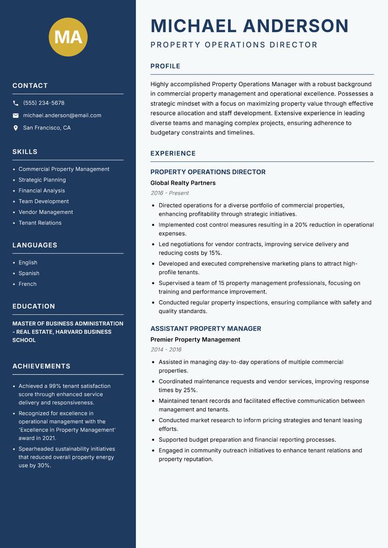 Property Operations Manager Resume Preview Example