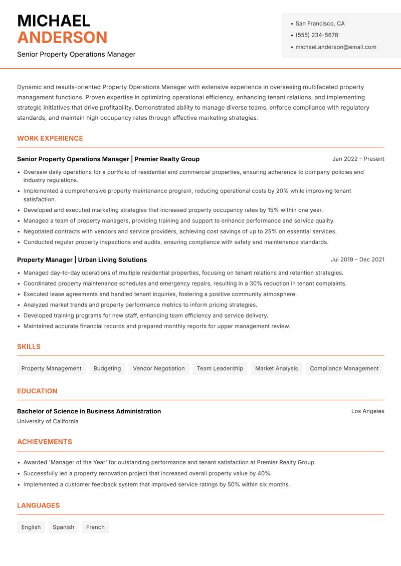Property Operations Manager Resume Template