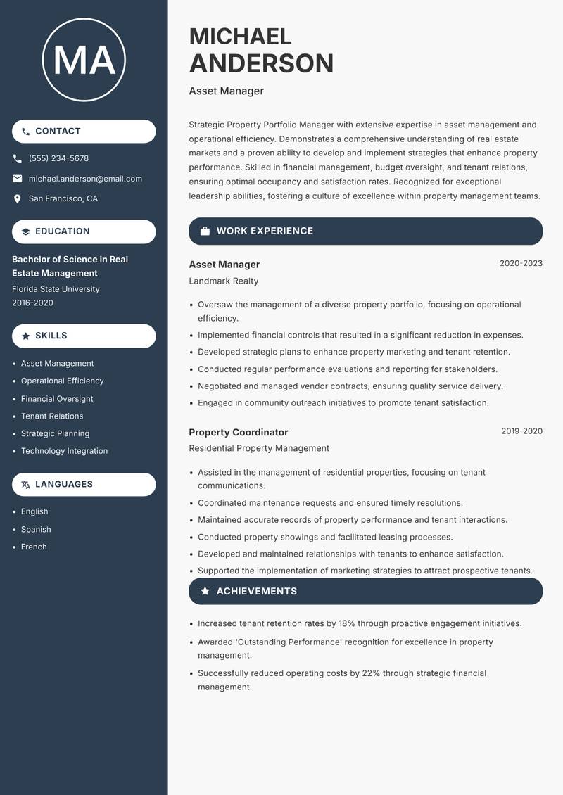 Property Portfolio Manager Resume Preview Example